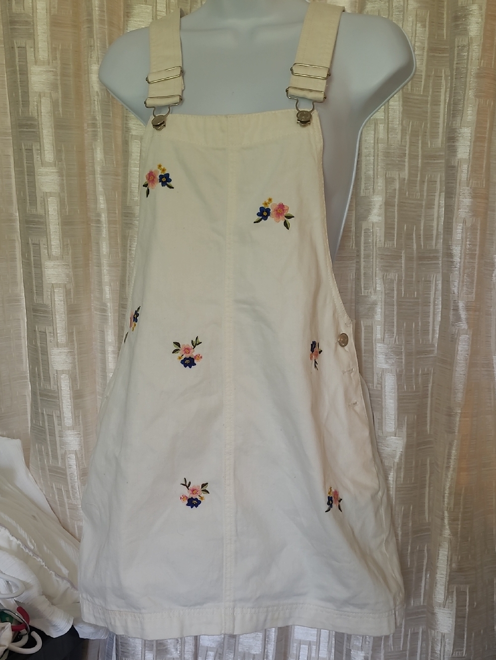 Forever 21 Cream Embroidered Mini Pinafore Dress